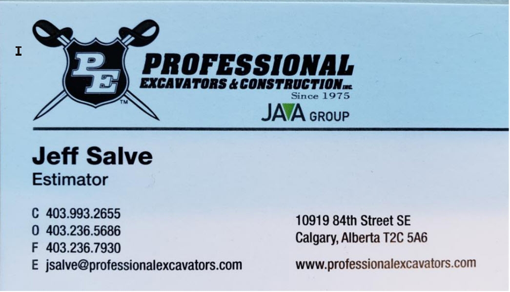 Jeff Salve - Professional Excavators Business Card